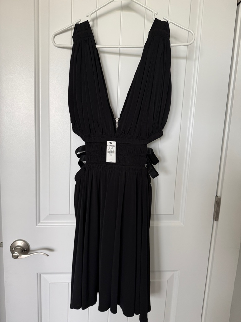 Express Black Plunging Midi Dress with Smocked Waist